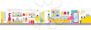 Clothing store with counter and clothes vector, shelves with shoes and dress, hat and sweaters, jewelry and accessories for ladies, womans shopping center