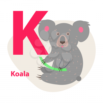 Children ABC with cute animal cartoon vector. English letter K with funny koala flat illustration isolated on white background. Zoo alphabet with marsupial for preschool education, kids books