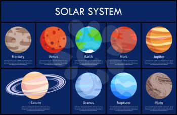 Solar system and information about celestial bodies, objects and text sample with headline, table vector illustration isolated on blue background