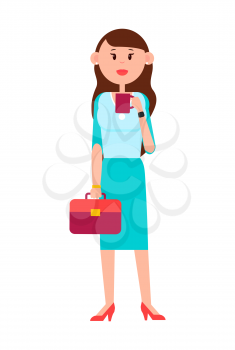 Grown-up girl in skirt suit and stiletto shoes with leather briefcase and cup of coffee isolated cartoon flat vector illustration on white background.