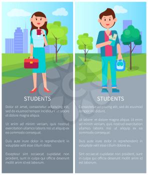 Colorful vector illustration with two students, grey road, white text sample, man and woman with bags, blue suits, people keeps red cup and wallet
