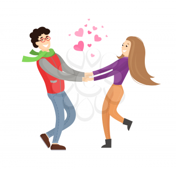 Cute lovers merrily hold each others stretched hands, young couple have fun together, pink hearts symbols of love among them vector illustration isolated