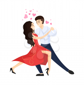Boyfriend and girlfriend dancing tango, hearts over heads, happy couple in passion dance looking at each other, vector illustration isolated on white