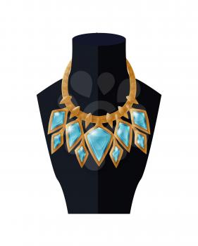 Jewelry necklace precious blue topaz stone on black mannequin, expensive accessory item isolated on white. Gold chain with aquamarines vector illustration