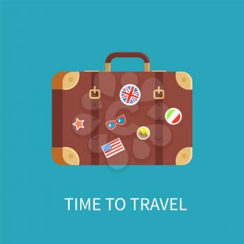 Time to travel banner and headline luggage decorated with stickers set flag of united States Egypt landmark pyramids, Britain sign vector illustration