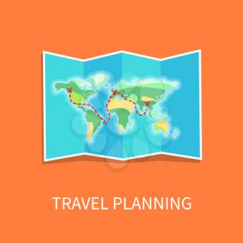 Travel planning paper map containing information concerning whole world, poster with headline, vector illustration, isolated on orange background