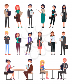 Business people collection holding papers, documents concerning working tasks, colleagues sitting by table, discussing issues, vector illustration