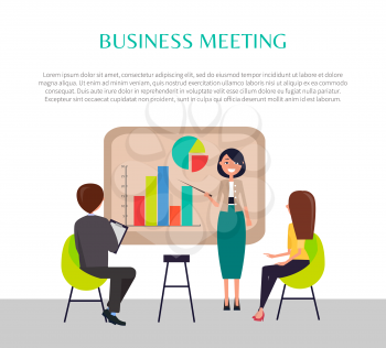 Business meeting banner with woman near graphic. Office workers listen to presentation that has charts and diagram on poster vector illustration.