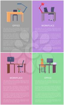 Office workplace collection design table with computer laptop, comfortable chair, red lamp on desk vector furniture, mockup off workspace, text sample