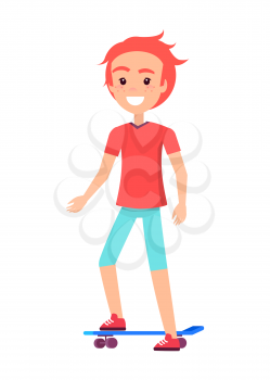 Happy boy blue skate board vector illustration, isolated on white backdrop skateboarder male with orange hair and freckles cheeks, active youth