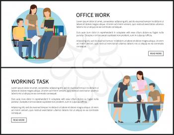 Office work and working task on promo banners set. Business project development posters. Cooperation teamwork info vector illustrations online pages