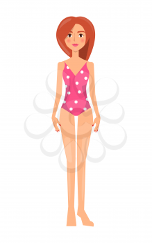 Woman in joint red swimsuit in white dots vector illustration of slim tender female isolated on white , caucasian girl in stylish summer mode