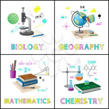Biology and geography posters set with title. Basic subjects about planets numbers and chemical process. Chemistry and mathematics vector illustration