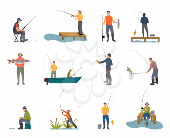 Fishers with fishing rod set. People sitting on wooden pier, in boat leading active style of life. Fish catchers with rod help vector illustration