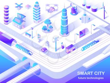 Smart city future technology isometric flowchart with delivery and police drones, solar lights and turbine tower energy source vector illustration.
