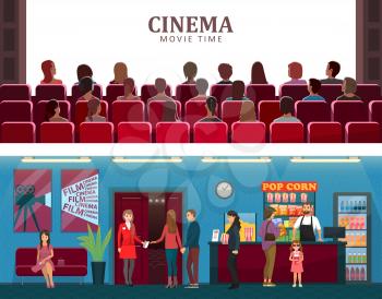 Cinema and movie time colorful vector illustration of modern hole with huge screen for films watching, building interior and fast food with popcorn