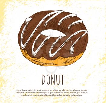 Donut sweet dessert isolated on white background vector illustration of round pastry with chocolate powder and decorated by tasty cream, sugary snack