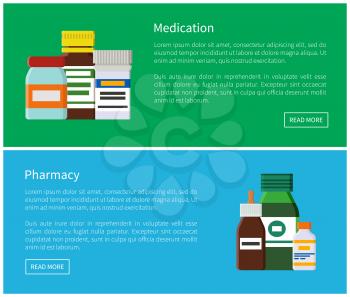 Medication and pharmacy web online posters medicament in containers, antibiotics and antiseptic remedies, painkillers in bottles, nasal drops vector