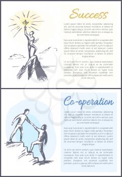 Success cooperation set of posters with text sample, sketch of man on mountain peak with trophy in hands and males going upstairs together vector