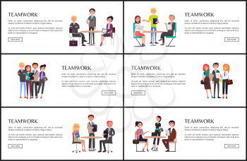 Teamwork on business conference colorful card, vector illustration isolated on white text sample, brainstorming process and successful businessmen
