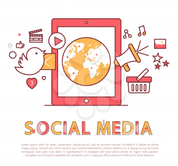 Social media poster and text sample, planet Earth in mobile phone screen, bird tweeting, icons of internet sites, likes thumb up vector illustration