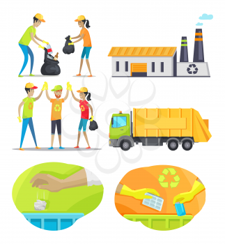 Waste allocation and recycling colorful banner isolated on white background, people picking various trash, vehicle and plant for rubbish processing
