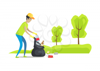 Man picking up plastic bottles with label, glass and aluminum waste, rotten apple, process of placing garbage in package bag vector illustration