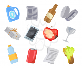 Collection of various garbage icons color poster, isolated on white vector illustration, old newspapers bottle and food scrap, broken phone and glass