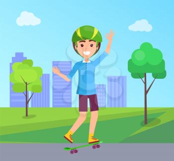 Skater boy in protective helmet wave hand, buildings and trees on background, teenager wearing headgear, smiling skateboarder vector illustration