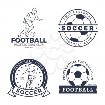 Football and soccer player posters set with headlines on ribbons. Male playing traditional European game wearing special form vector illustration