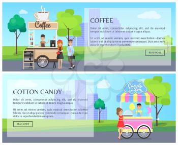 Coffee and cotton candy web posters with headlines, buttons text samples, street food drinks, buyers sellers customers isolated vector illustration