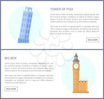 Tower of Pisa and Big Ben landmarks of Italy, England web pages collection having text sample, sites to know info about places vector illustration