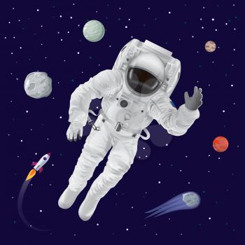 Astronaut wearing spacesuit and planets behind, Venus and Pluto, Neptune and Earth, rocket and man, vector illustration isolated on blue background
