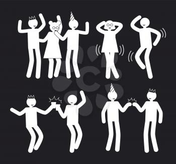 Amusement people poses set of white pictogram silhouettes celebrating party in cute hats, having fun together vector illustration isolated on black