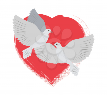 Doves flying peacefully and red heart on background, symbols of eternal love, Valentines day celebration poster isolated on vector illustration