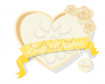 Best wishes frame with rose flowers, heart shape border vector illustration of beige blossoms and yellow ribbon with tag, gift photoframe in flat style
