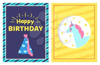 Happy Birthday greetings cards collection, celebration cap with ribbon and heart print, unicorn and stars and headline isolated on vector illustration