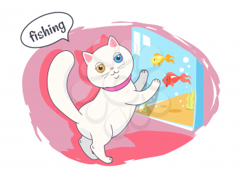 Fishing kitten colorful card vector illustration of white cat with different colors eyes, nice pink collar on neck, red and yellow fishes, pink shadow