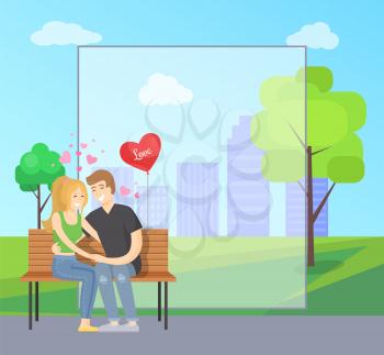 Postcard with place for text and merry couple sitting on bench tenderly holding hands, heart shape balloon vector in green park near trees and houses