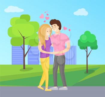 Boy and girl tenderly hugging, young lovers embracing, boy and girl in love, happy couple vector on background of skyscrapers in park with green trees