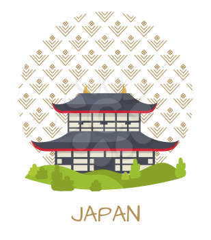 Japan travelling poster with authentic building that has curved roof and surrounded with bushes, and circle with pattern behind vector illustration.