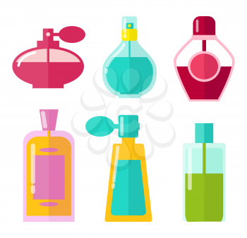 Perfumes in bottles, collection of aromatic liquids in glass containers, perfumery for women, good fragrance, vector illustration isolated on white