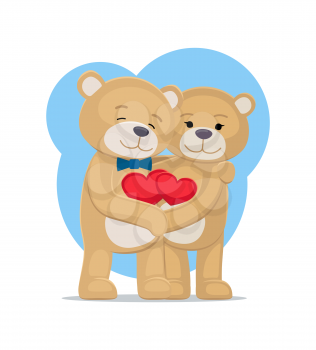 Bears lovers hold hearts in hands, male and female teddy embrace each other, vector illustration of happy couple isolated on white background