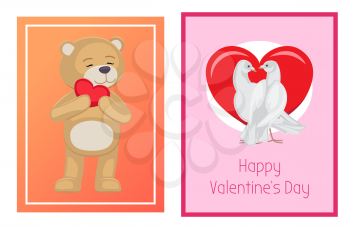 Cute soft toy bears and white doves couples in love with red hearts isolated cartoon banners vector illustrations for valentines day.