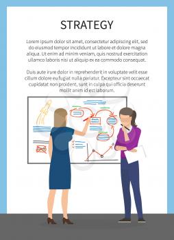 Strategy concept poster with two female businesswoman workers discussing issues near blackboard with graphics vector illustration banner, place for text