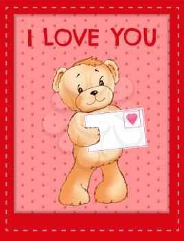 Soft toy bear holds envelope with heart festive postcard with I love you sign cartoon flat vector illustration on background with dots in red frame.