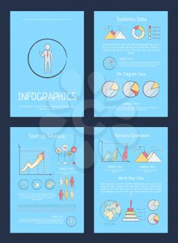 Statistics and pie diagram data, infographics and start up solutions, posters with text and icons of human, globe and diagrams vector illustration