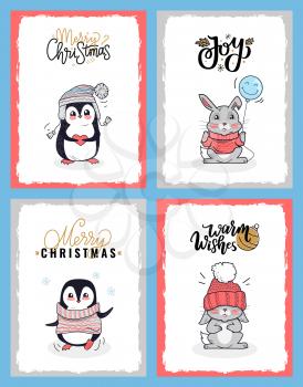 Cartoon animals in warm cloth depicted on Merry Christmas cards. Vector penguin in the knitted sweater. Clipart of calligraphy lettering greeting.