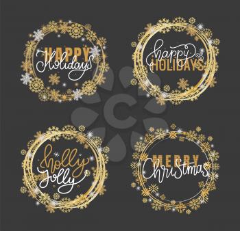 Holly Jolly quote, Merry Christmas, Happy New Year greetings. Lettering doodles in wreath of snowflakes. Black and gold inscription, winter holidays banners