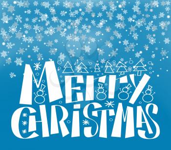 Merry Christmas lettering text, wintertime snow splashes, vector white snowballs. Spruce trees, snowmen and snowflakes icons isolated on blue background